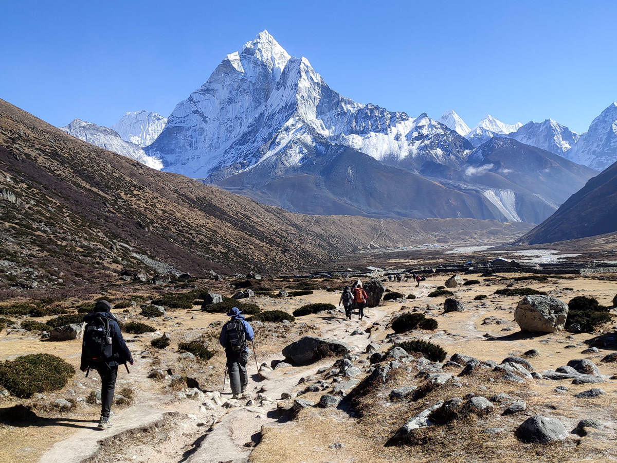 Descending to Pheriche with the iconic Ama Dablam standing tall in the distance. 