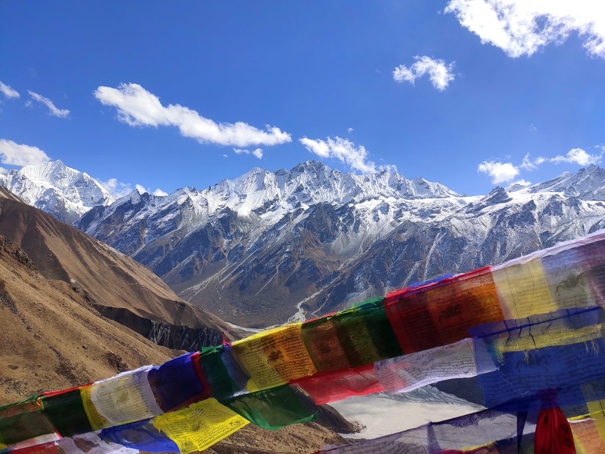 Mountain view from Kyanjing Ri with prayer flags