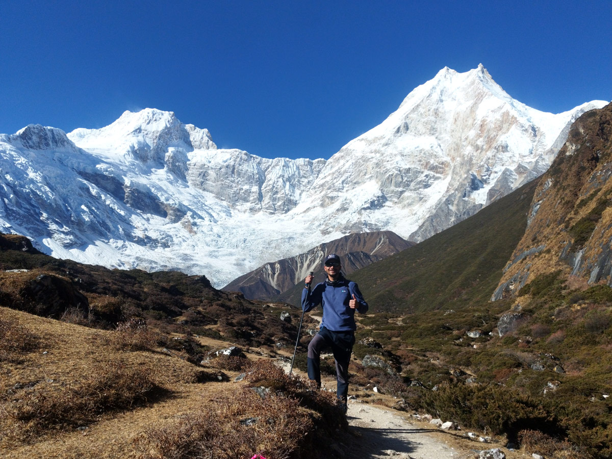 Scenic view of Mt Manaslu on the way to Pungen Gompa