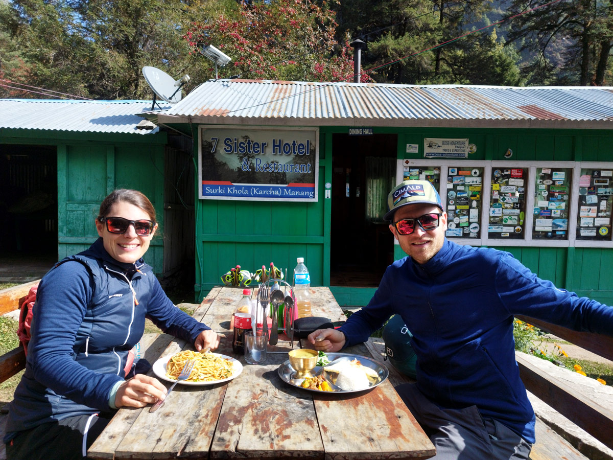 Trekkers having lunch during Manaslu Circuit Trek